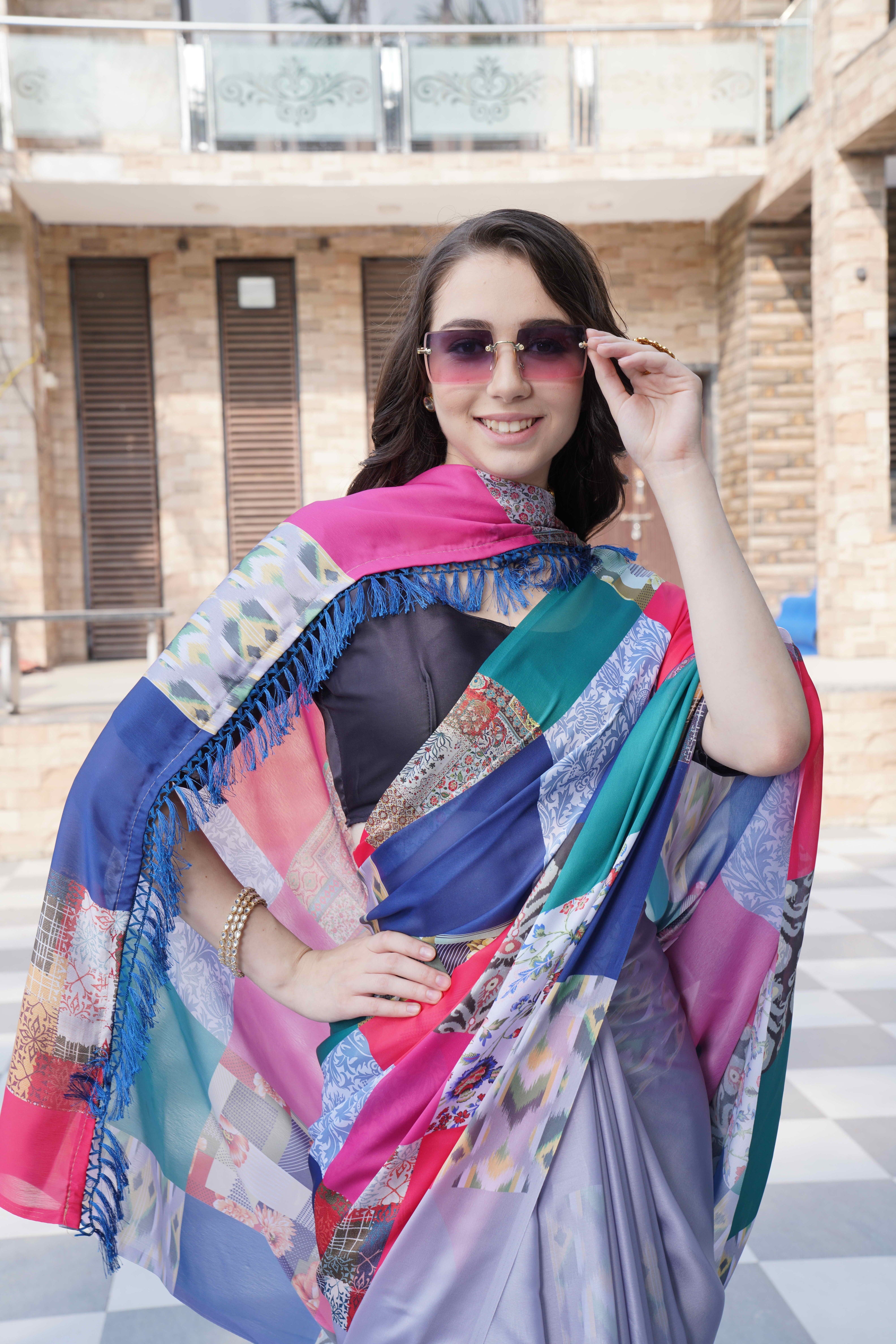 Multicolor Colour Block Georgette Saree